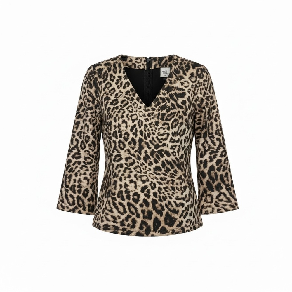 Cabi Leopard Print Scuba Knit V-Neck Long Sleeve Top - Size Medium